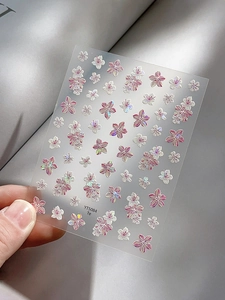 Detailed macro view of 5D laser iridescent cherry blossom nail art stickers YT5084