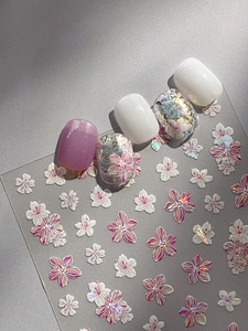 Detail of cherry blossom nail art stickers with iridescent pearl finish and shell glow