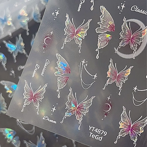 Dreamy butterfly nail art stickers with iridescent laser moon and star designs YT4879