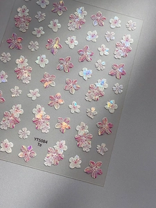 Detailed 3D holographic cherry blossom nail stickers with embossed pink floral textures