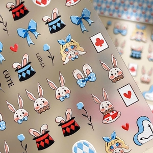 5D embossed nail art stickers with Alice in Wonderland rabbit and card patterns