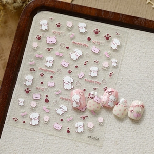 Detail of YT 3603 cute dog nail stickers with white poodles and pink bear accents