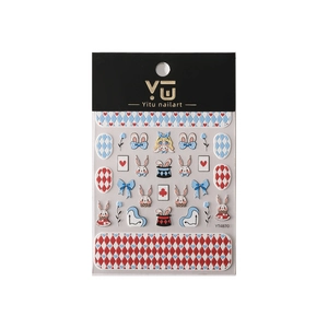Embossed Alice in Wonderland rabbit nail stickers with 3D cartoon motifs and card patterns