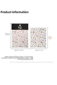 Detailed view of 3D embossed dog and flower nail stickers with exact size measurements
