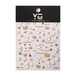 Cute embossed cartoon puppy and floral nail stickers in minimalist pastel colors