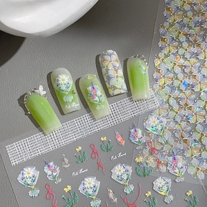 Holographic 3D Flower Nail Art Stickers Cute Bouquet Bow Patterns Laser Relief Decals For Women DIY Manicure Decoration