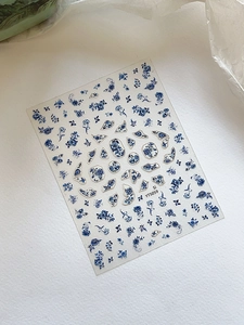 Detailed blue and white porcelain nail art sticker with delicate rose pattern YT5059