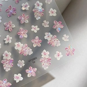 Laser shell flower nail stickers with pink cherry blossoms and iridescent finish