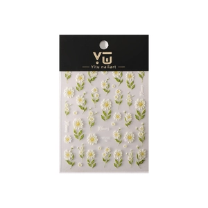 3D embossed white daisy nail art stickers with green leaves on YT5183 backing sheet