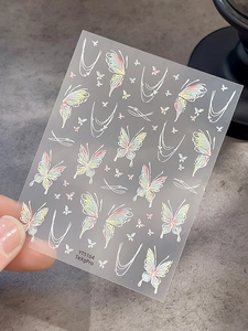 Macro detail of holographic butterfly nail art stickers with iridescent star patterns