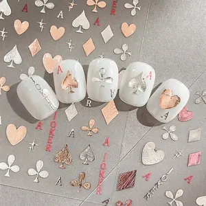 3D Metallic Embossed Poker Card Nail Art Stickers Silver Pink Rose Gold Heart Joker Patterns DIY Manicure Decoration