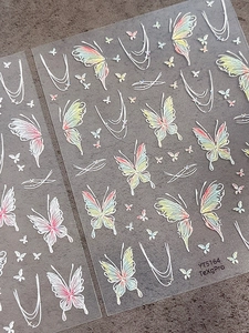 Detail macro of butterfly nail art stickers with iridescent texture and white embossed edges
