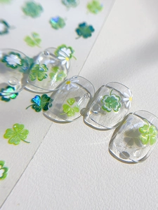 Détails d'autocollants 3D pour ongles trèfle et marguerite avec effet paillettes laser