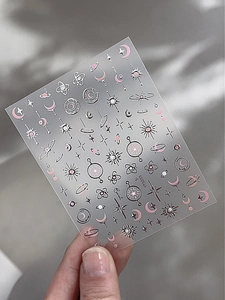 Dettagli di adesivi per unghie celesti rosa e argento con motivi di stelle e pianeti