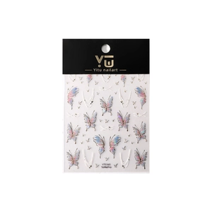 Holographic 5D butterfly nail art stickers with shimmering glitters and white fringe accents