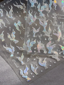 Autocollants à ongles holographiques motif sirène avec éléments marins et effet laser