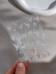 Macro d'autocollants à ongles sirène laser avec motifs de coquillages irisés aurora