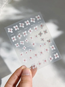 Detailed view of floral nail art stickers with pink gradient flowers and lettering