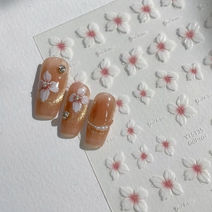 5D Relief Cherry Blossom Nail Art Stickers Elegant White Pink Flower Self Adhesive Manicure Decals For Women DIY Decoration