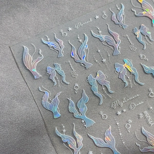 Autocollants 3D holographiques sirène pour ongles avec nœuds argentés et étoiles brillantes