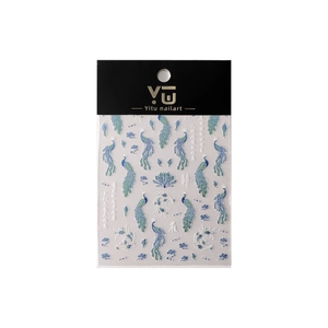 3D embossed peacock nail art stickers with elegant blue and white cloud patterns