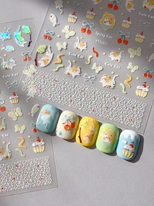 Detailed 5D embossed cat nail stickers with spring theme and 3D textured cherry patterns