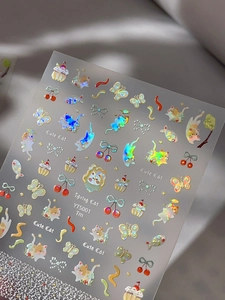 Detailed view of YT5001 cute cartoon cat nail stickers with holographic laser finish