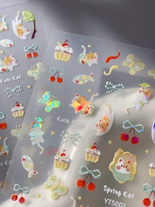 Macro detail of 3D cartoon cat nail stickers with holographic laser finish YT5001