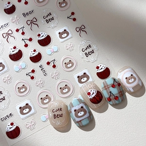 Autocollants Ongles 3D Relief Ours Dessin Animé Cerise Nœud Cupcake Design Style INS Doux Pour Femmes Et Filles Décoration