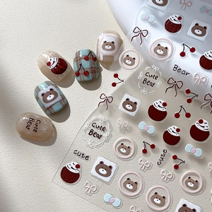Autocollants nail art gaufrés ours mignon avec nœuds et cerises pour manucure
