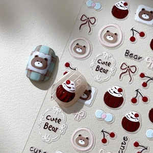 Autocollants ongles ours dessin animé en relief avec cerises et nœuds pour déco de manucure