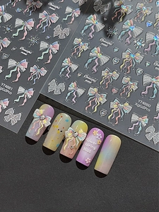 3D laser glitter bow and heart nail stickers with colorful relief textures