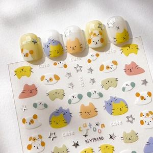 Yitu Cartoon Cat Nail Art Stickers Colorful Cute Animal Star Nail Decoration Hot Stamping Silver Adhesive Decals For Women DIY