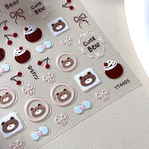 Stickers ongles 3D relief ours mignon avec cerises et nœuds pour décoration nail art