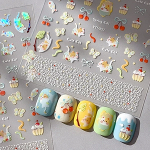 Cute 3D Embossed Cat Nail Art Stickers Spring Series Laser Holographic Cartoon Kitty Nail Decals For Women Manicure Decoration