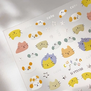 Colorful cartoon cat and star nail art stickers with silver foil finish for DIY decoration