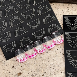 French lace nail art stickers set with pink plaid design and 3D white bow decorations