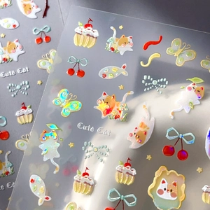 Glittering 3D cartoon cat nail art stickers with colorful laser finish and cute patterns