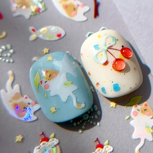 3D embossed cartoon cat nail stickers with cute blue and beige resin textures