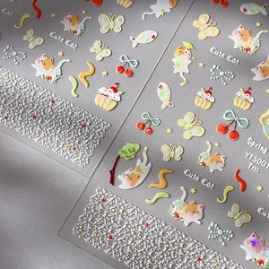 3D cute cat and floral relief nail art stickers with colorful macaroon patterns
