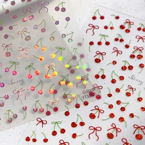 Adesivi per unghie con ciliegie e fiocchi in design laser aurora e glitter rosso