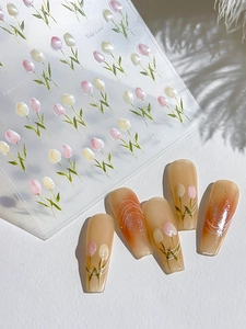 Détail de stickers pour ongles tulipes YT5301 avec fleurs roses et faux ongles dégradés