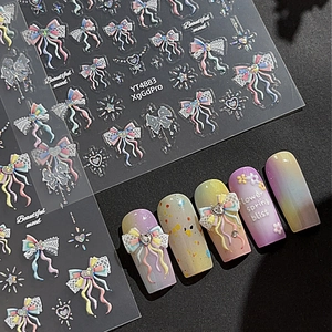 Sparkling 3D bow and star nail art stickers with colorful gradient glitter finish