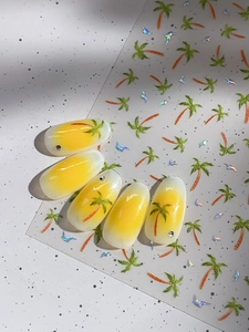 Detailed holographic laser coconut tree nail stickers with green palm leaf designs