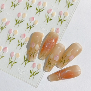 Autocollants à Ongles Tulipe en Gelée Relief Design Floral Rose Jaune Mignon Style Ins DIY Manucure Décoration YT5301Gd