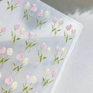 Autocollants 3D pour ongles tulipes avec fleurs roses et jaunes sur support translucide