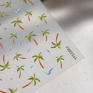 Holographic 3D nail art stickers with tropical palm tree and seagull designs