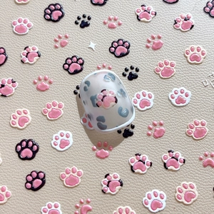 3D cat paw embossed nail stickers with sweet leopard print and semi-transparent milky base