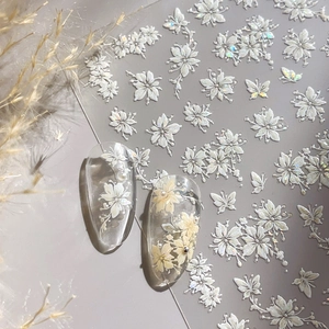 5D embossed floral nail art stickers with white flowers and holographic butterflies