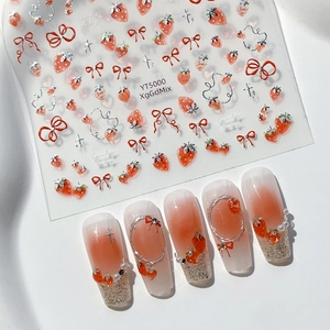 Sparkling strawberry and bow nail art stickers with 3D gradient manicure effect